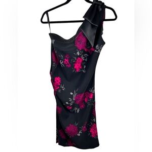 Jacob cocktail midi one-shoulder black dress, Med, floral, bow, Ruched Party
